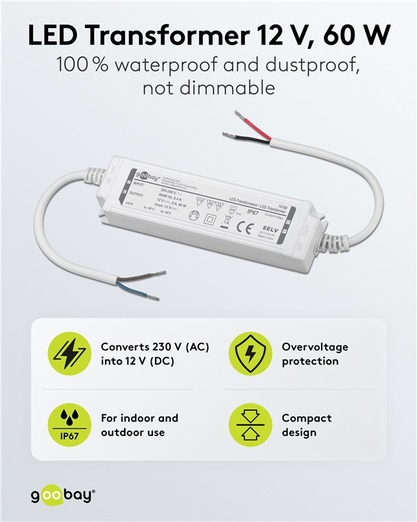 LED Trafo Transformator Netzteil 60W / 12V Outdoor Konstantspannungstrafo für LED Beleuchtung (74768) (IP67) - Weiss