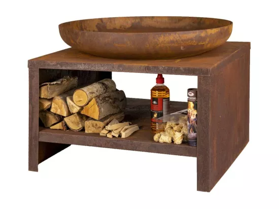 Brasero en acier avec range bois - Rouillé - D 80,8 x H 63,2 cm