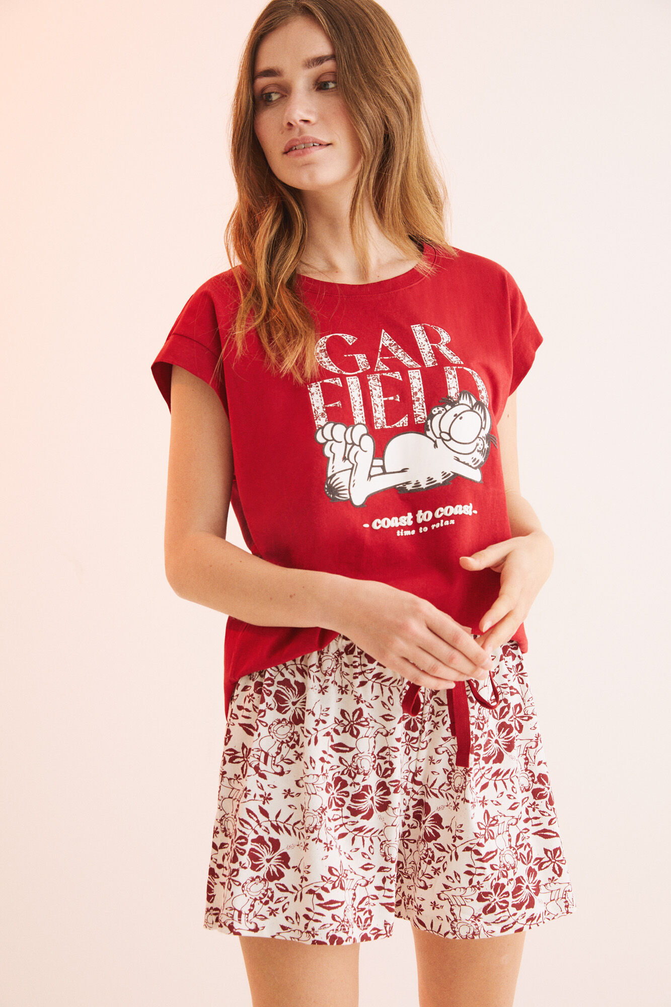 Pijama curto vermelho Garfield 100% algodão - vermelho