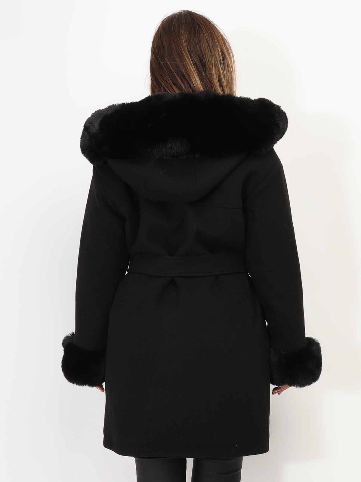 Manteau à capuche et manches fourrées- Noir