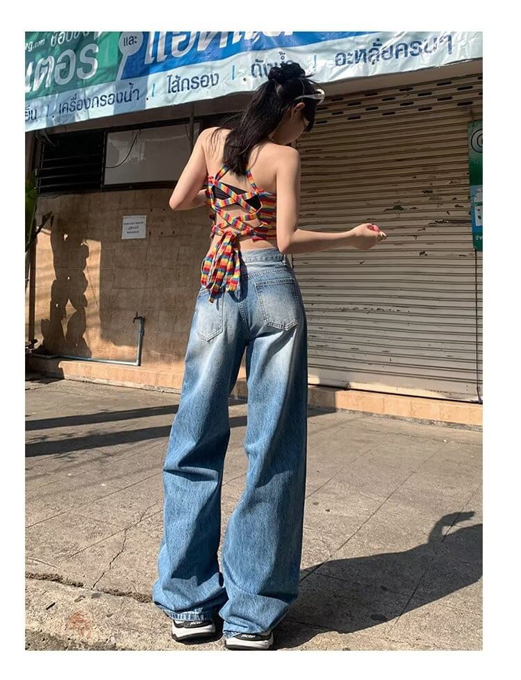 CRIBI - Mid Rise Washed Wide Leg Jeans