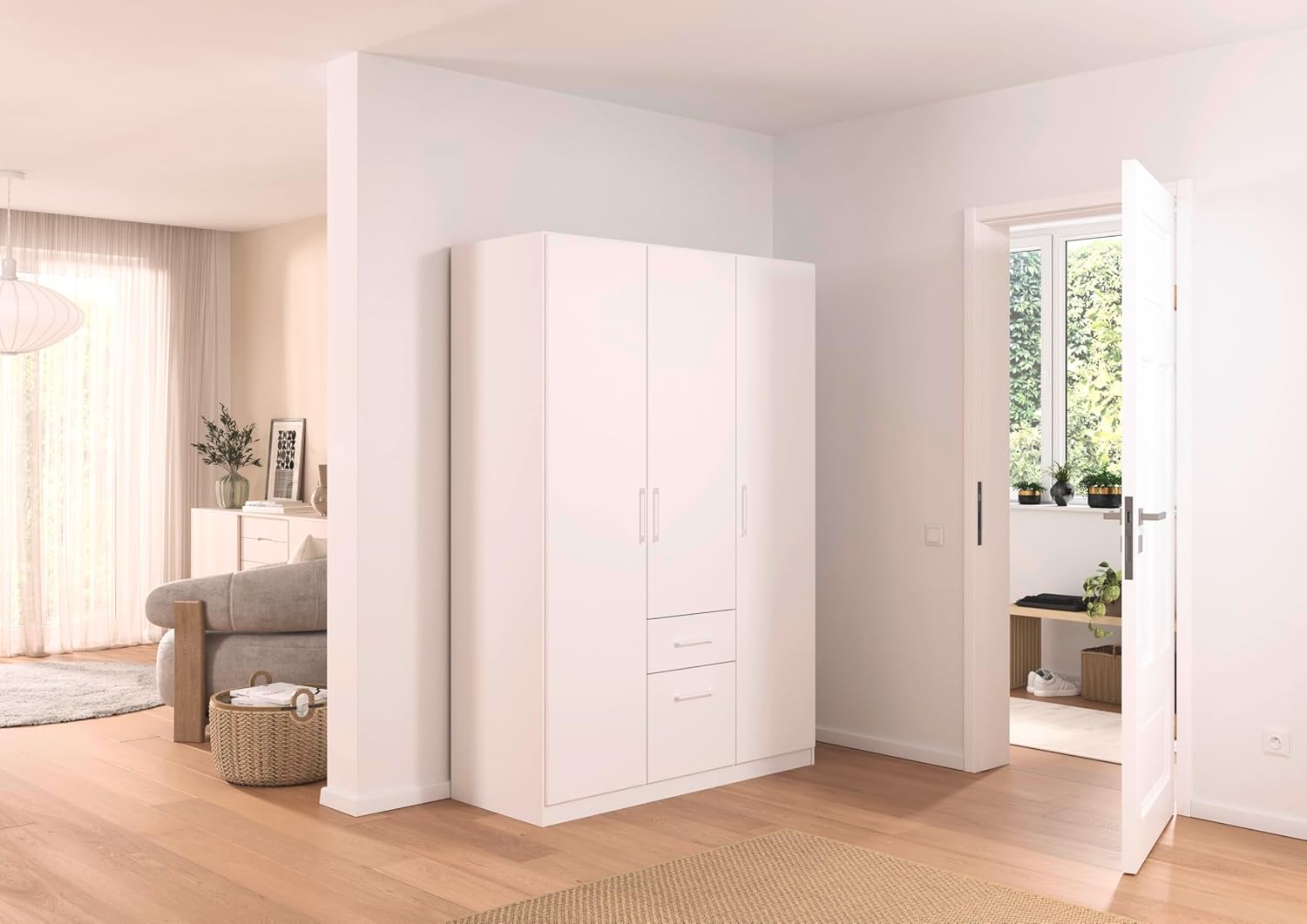 Rauch Möbel Glasgow Drehtürenschrank, Kleiderschrank, Schrank, Garderobe 3-türig, 2 Schubladen, Farbe Weiß, Griffprofil Weiß, 136x197x54cm