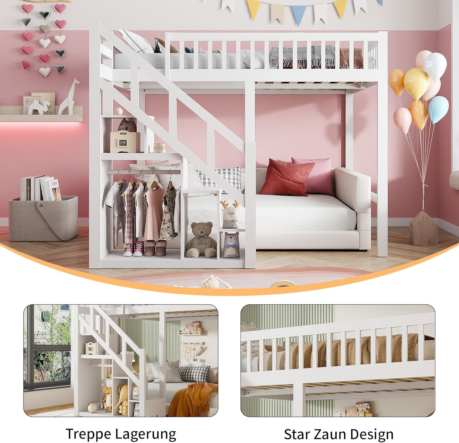 Kinderbett Etagenbett 140x200, Hochbett 140 x 200 mit Treppe, Staurau, Gitter und Rausfallschutz, Hochbett für 2 Kinder, Jugendhochbett mit Lattenrost, Kiefer, Ohne Matratze (Weiß A01, 140x200)