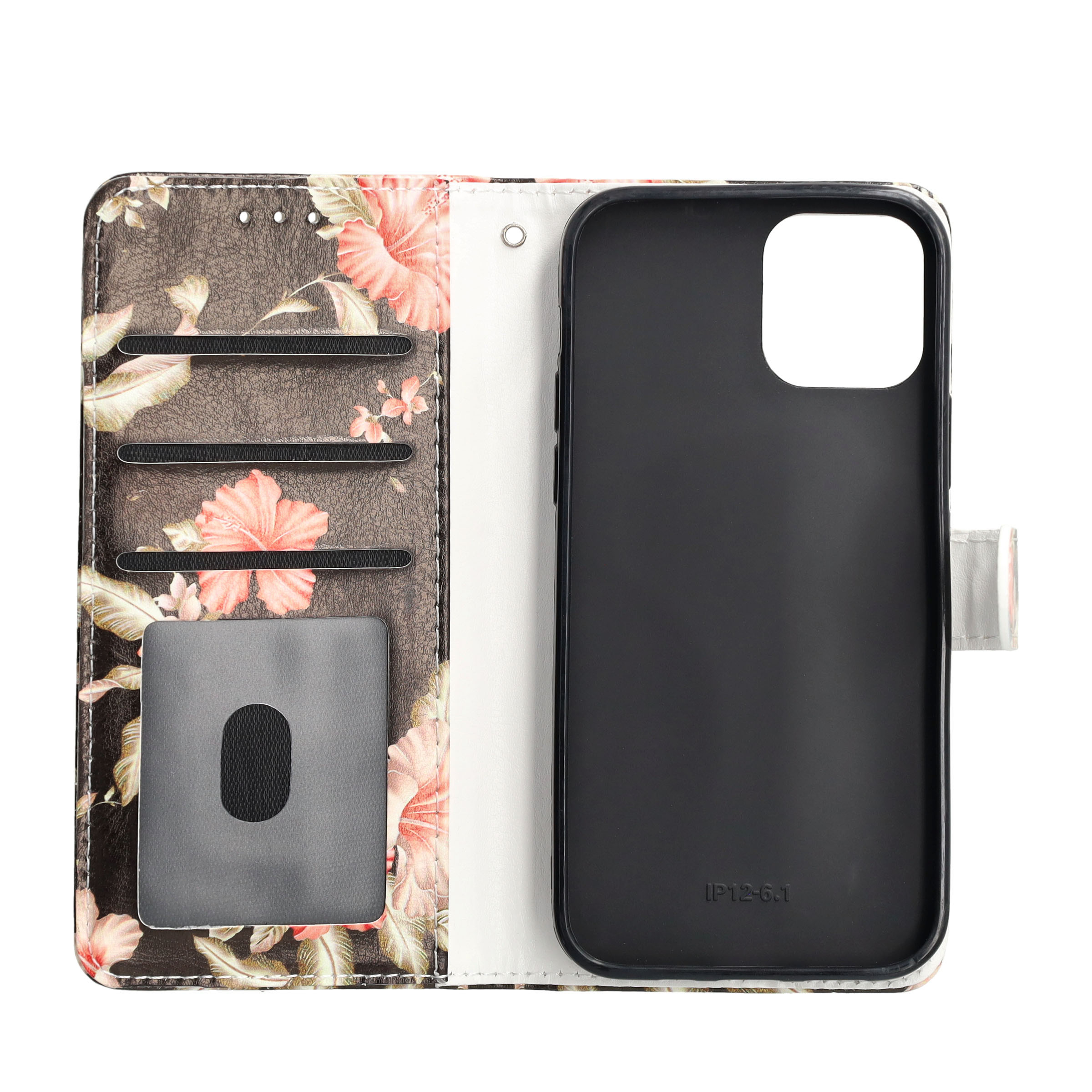 iPhone 12 / iPhone 12 Pro Leder Tasche Flip Cover Rosa Azalea Blumen - Schwarz