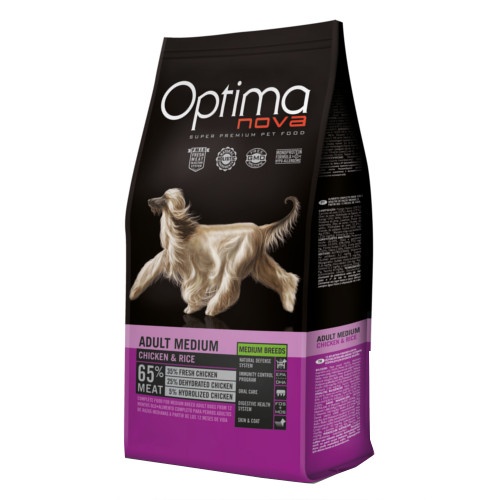 Ração Optima Nova Adult Medium para cães, sabor Frango e Arroz.
