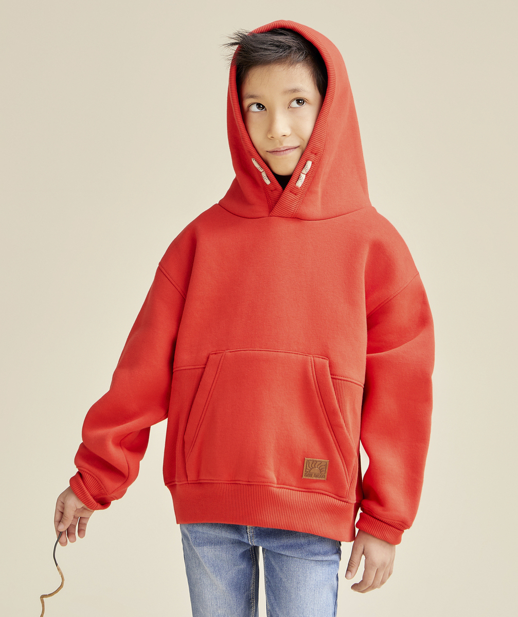 SWEAT À CAPUCHE GARÇON EN FIBRES RECYCLÉES ROUGE AVEC CORDONS
