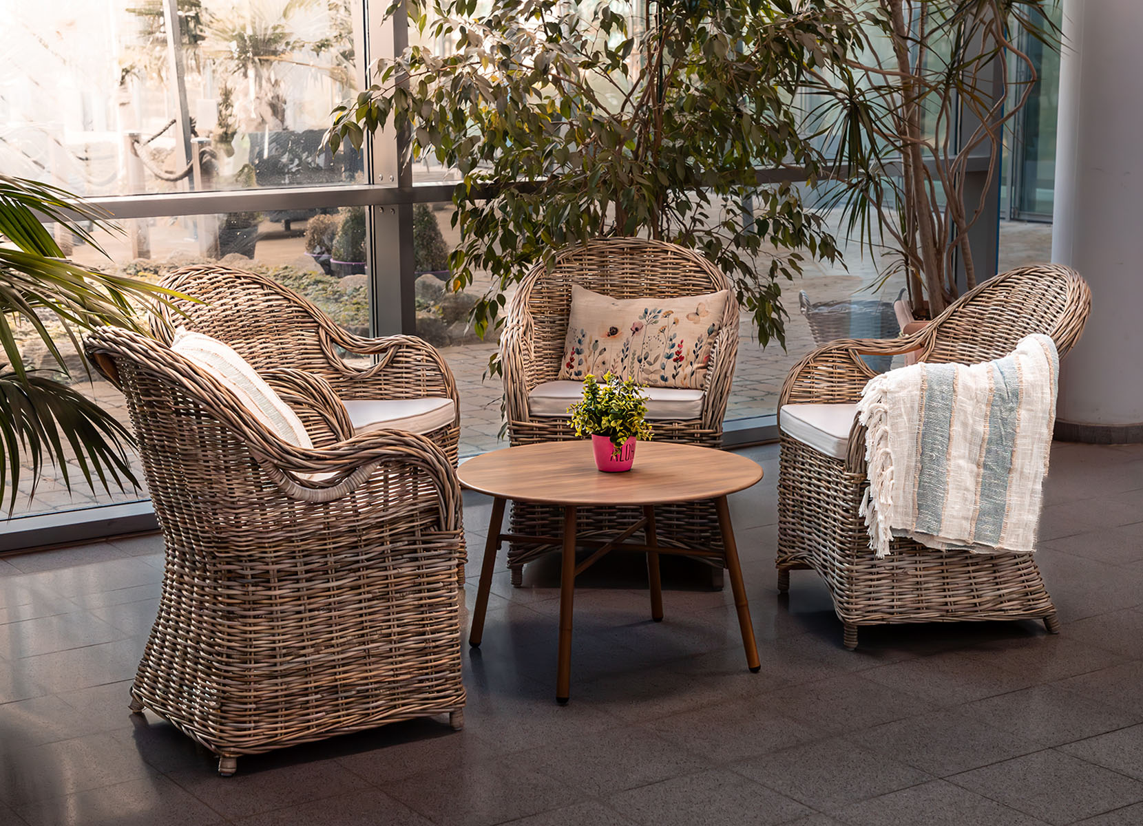 Rattansessel Athena mit Sitzkissen 4er-Set Natural-Grey
