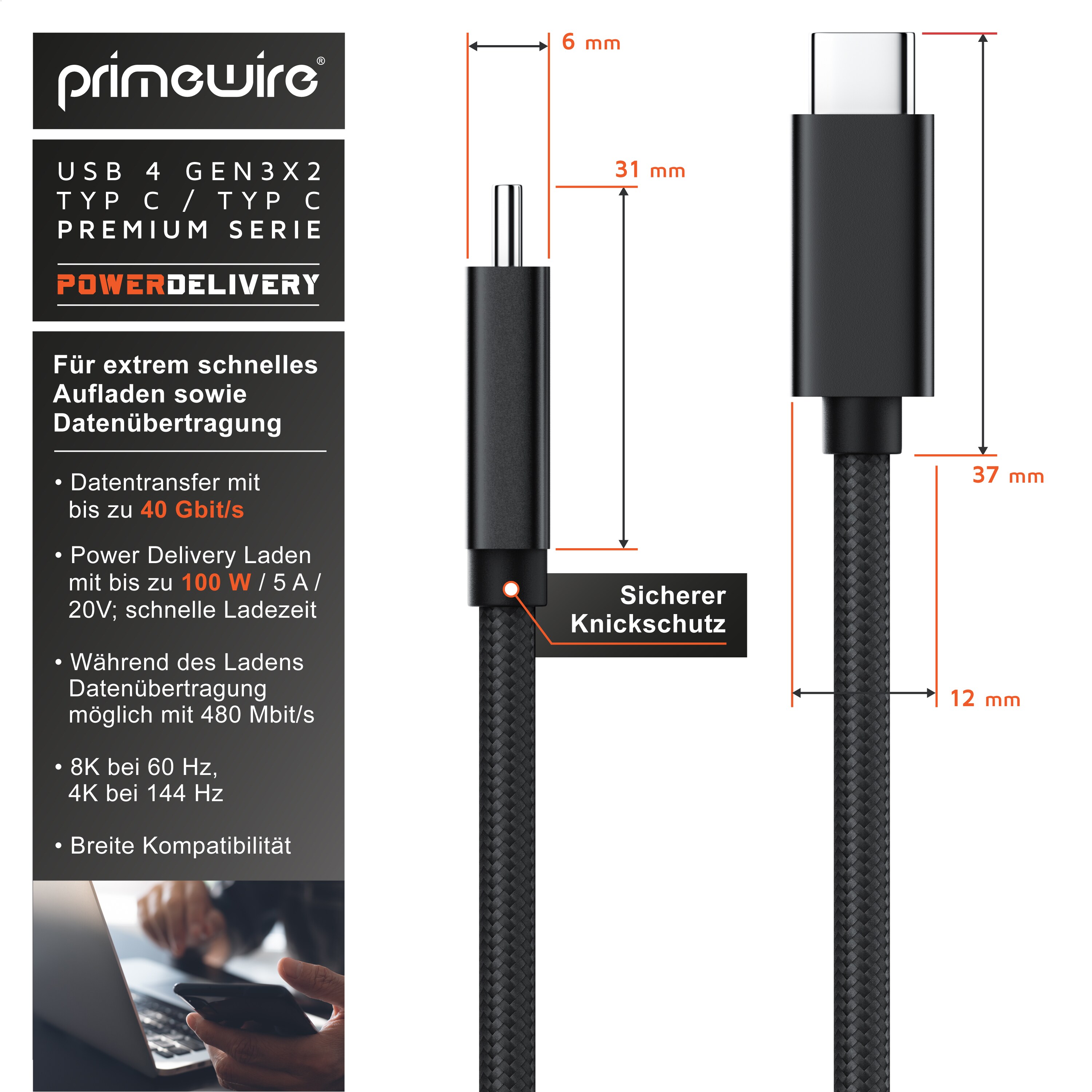 Primewire Power Delivery Ladekabel, Datenkabel, USB-C Gen3, Typ C, 0,8 m, 40 Gbit/s, Knickschutz, Nylonummantelung, für USB Typ-C Geräte