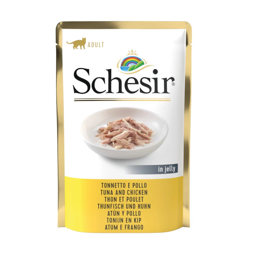 Sachê de 85g de atum e frango Schesir para gatos adultos.