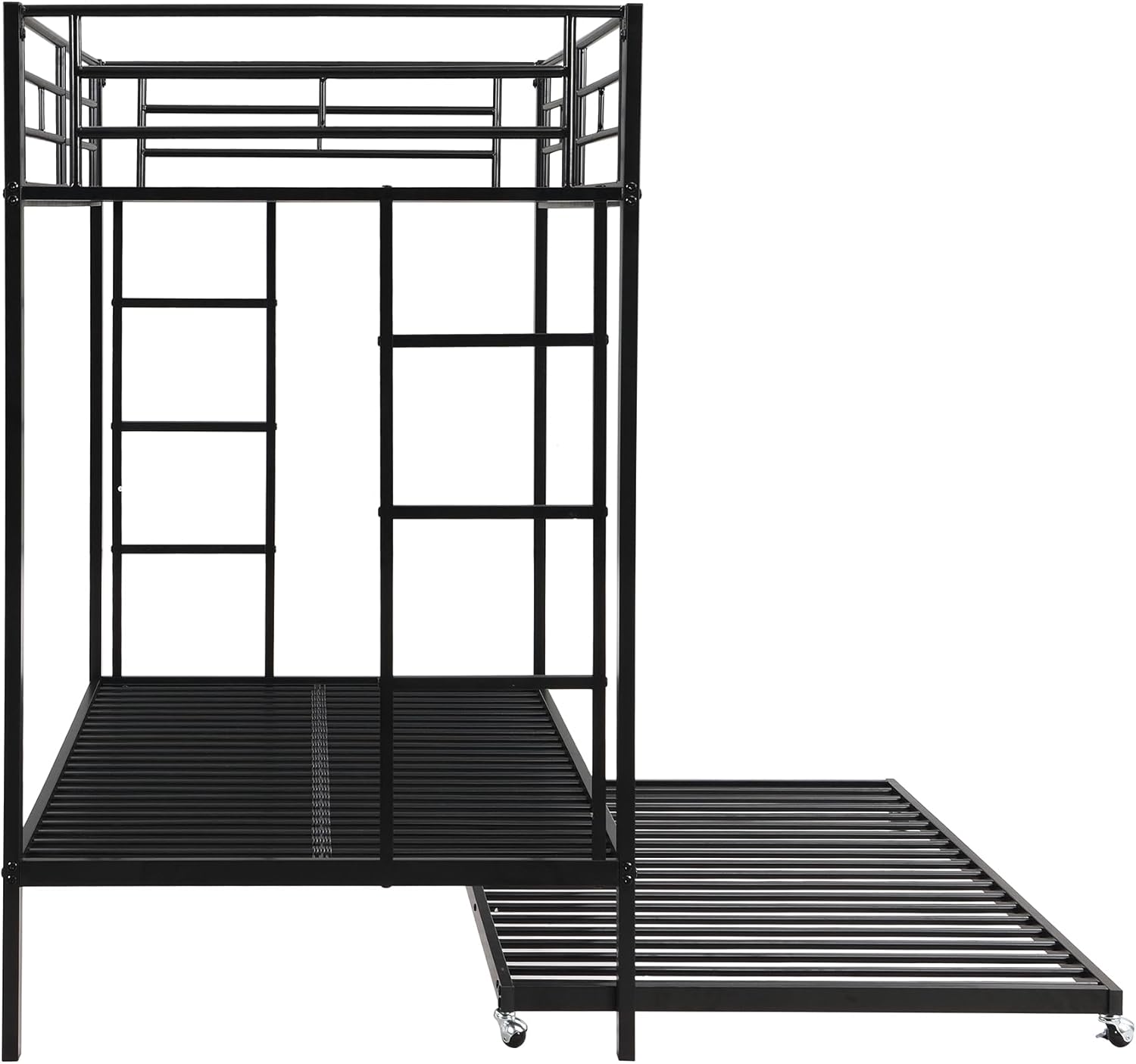 Dreier Hochbett Etagenbett 90x200cm mit Ausziehbett und Leiter, Kinderbett für 3 Kinder mit hohe Geländer, Familienbett Eisenrahmenbett, ohne Matratze (Schwarz)