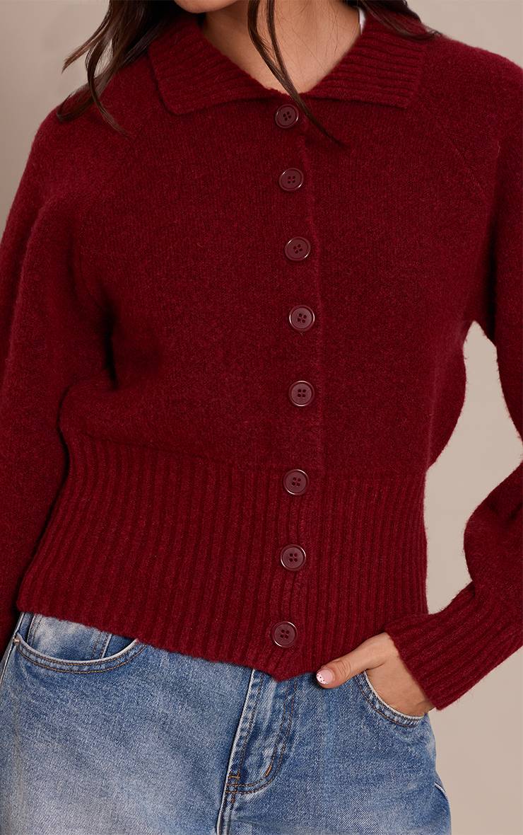 Rouge Vin Cardigan Tricoté À Col Avec Détail À La Taille