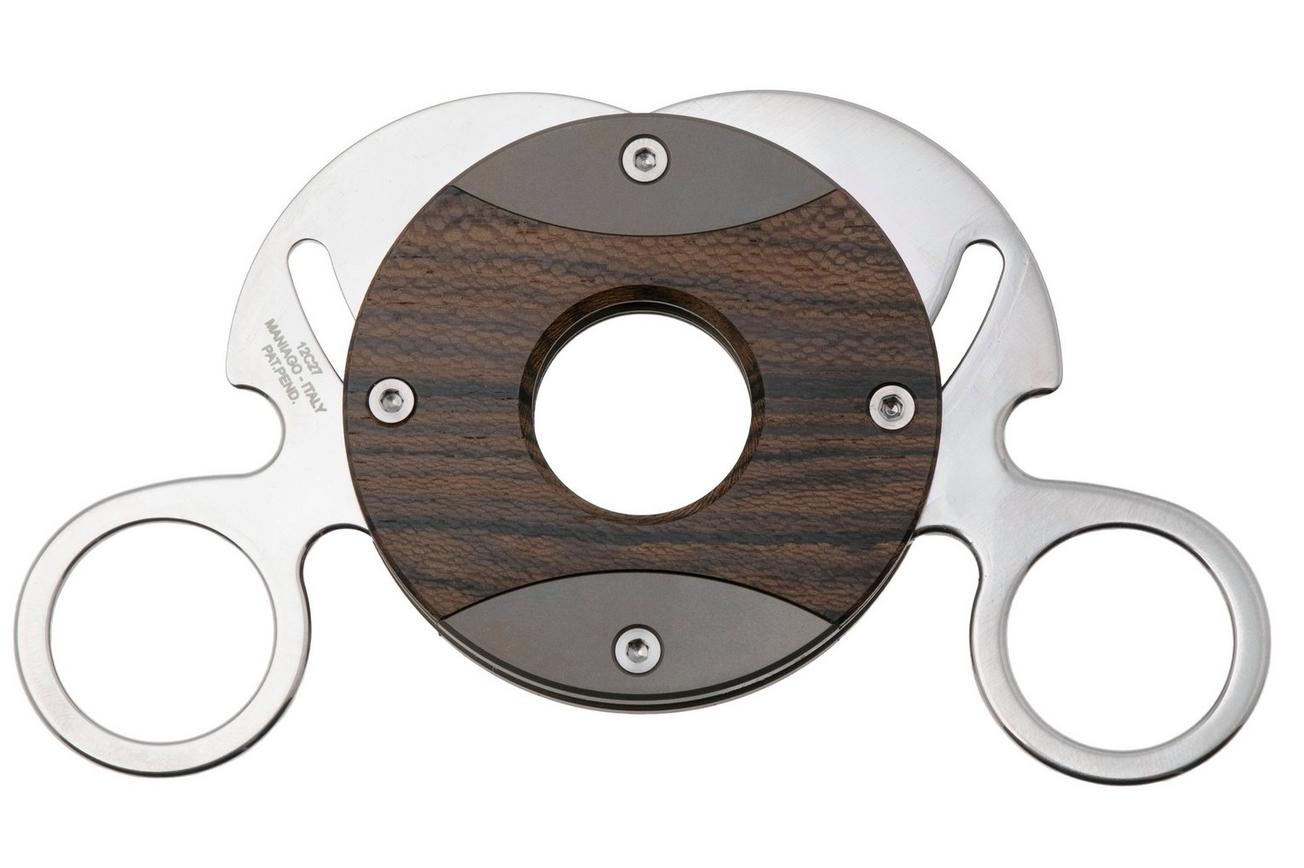 Fox Circle Cigar Cutter 744-ZW, Satin Sandvik 12C27, Ziricote Wood Titanium, sigaarknipper