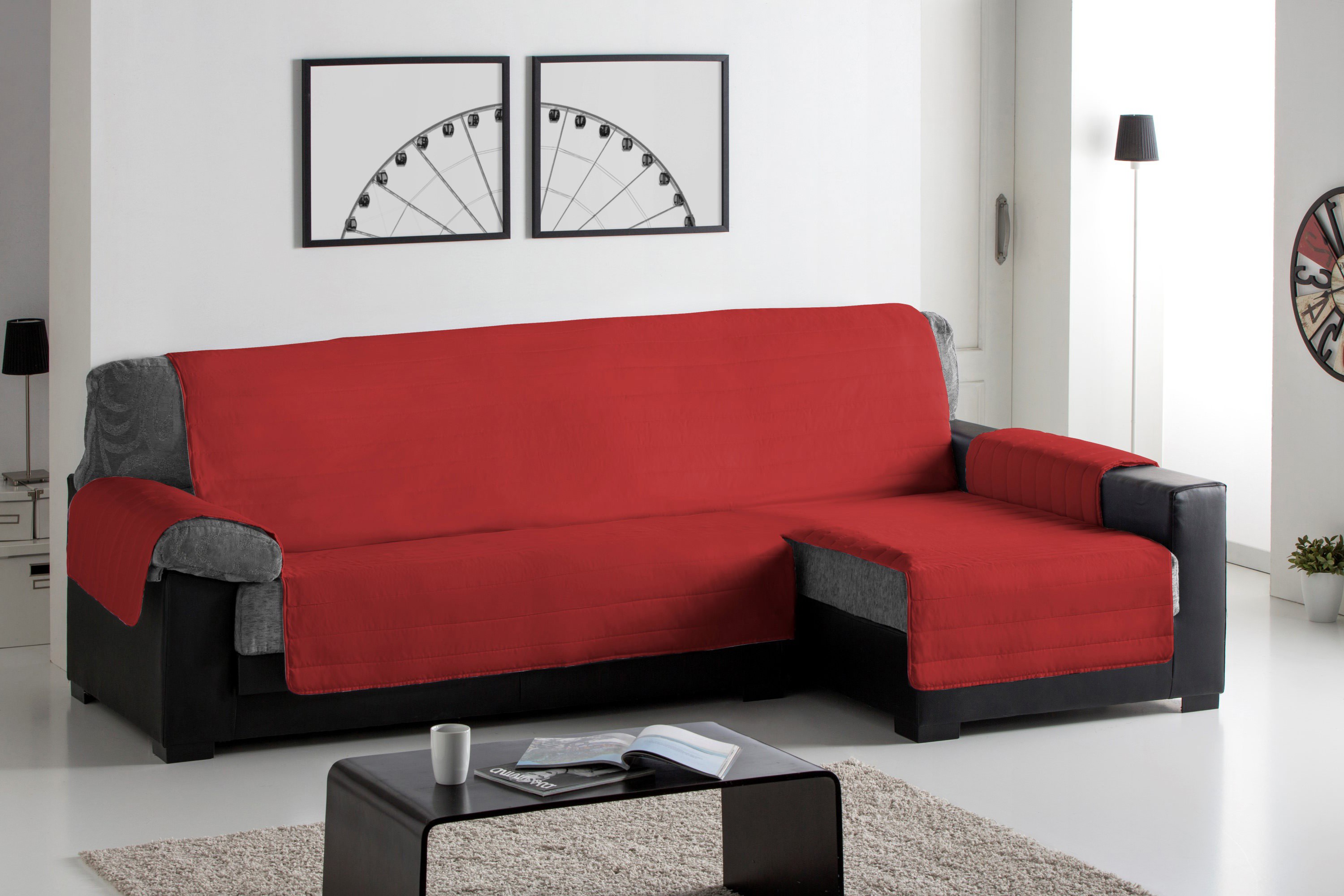 Capa acolchoada para sofá com chaise longue à direita, cor bordô