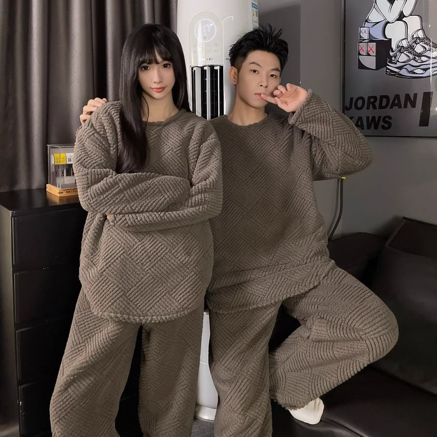Dazzli - Bijpassende pyjamaset voor koppels: effen gewatteerde sweatshirt met ronde hals + broek