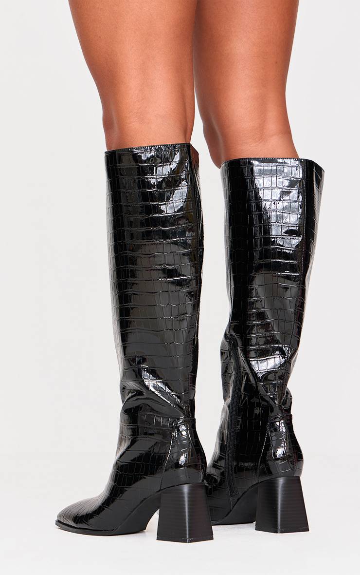 Bottes Hautes À Talon Bloc Effet Croco En Synthétiquecuir Coupe Large Bout Rond