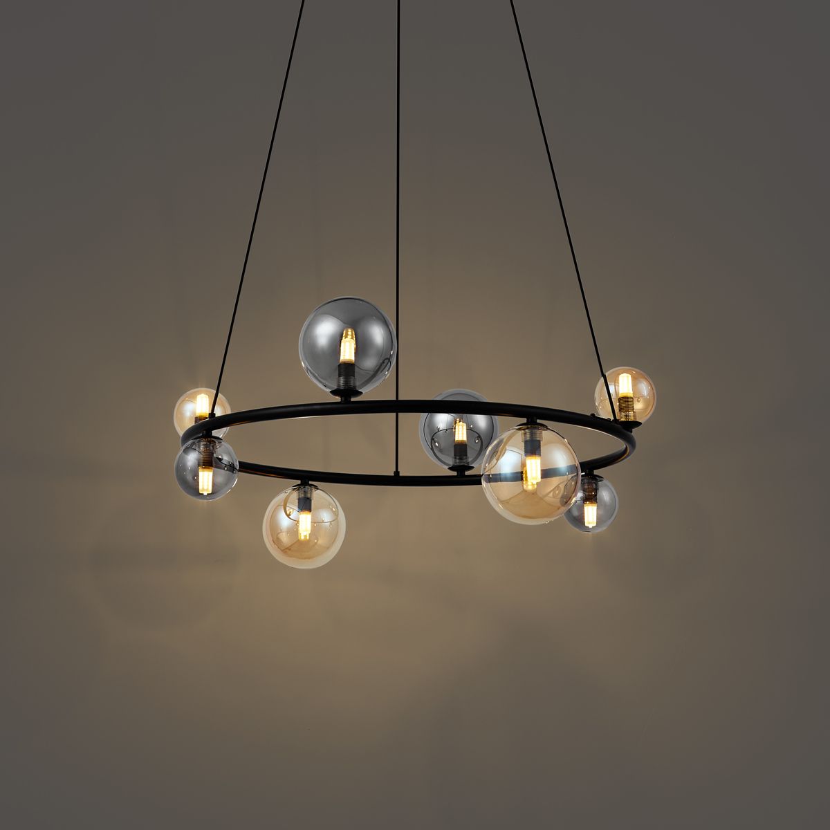 Hanglamp zwart met smoke en amber glas rond 8-lichts - Monaco