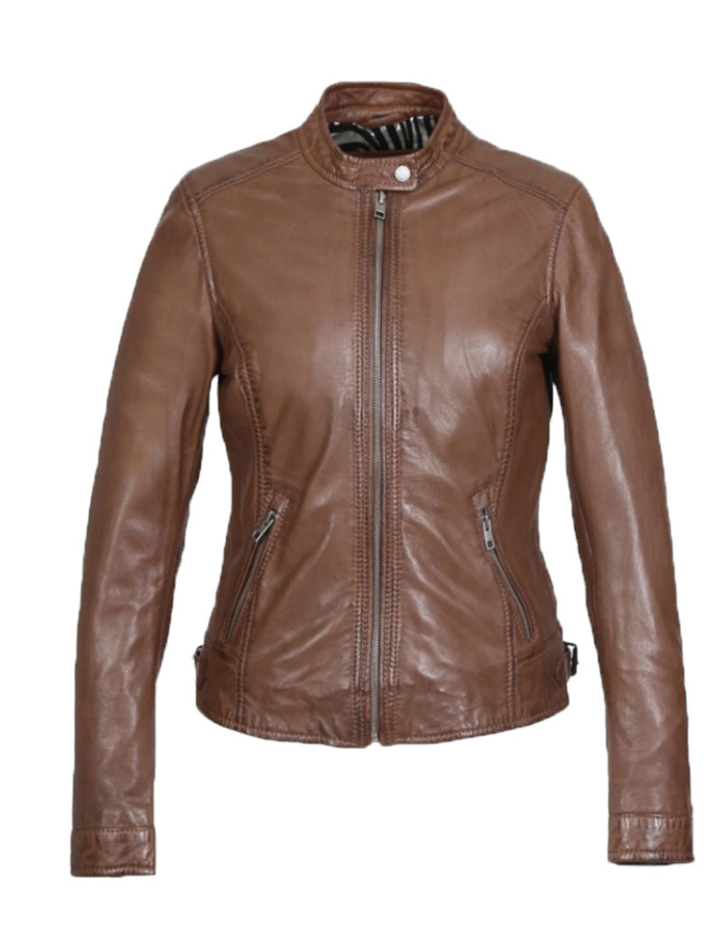 OAKWOOD CUIR FEMME KARINE ZIP DROIT COL MOTARD TABACCO