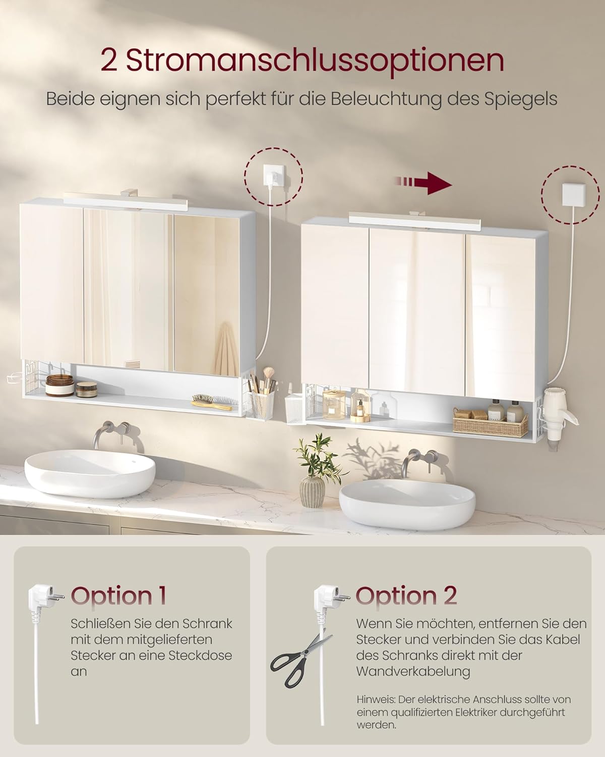 VASAGLE Spiegelschrank Bad mit Beleuchtung, 16,5 x 90 x 75 cm, Steckdosen, Hängekorb, Haartrockner-Halter, Spiegelschrank, Badschrank, Wandschrank, für Badezimmer, wolkenweiß BBK136W01