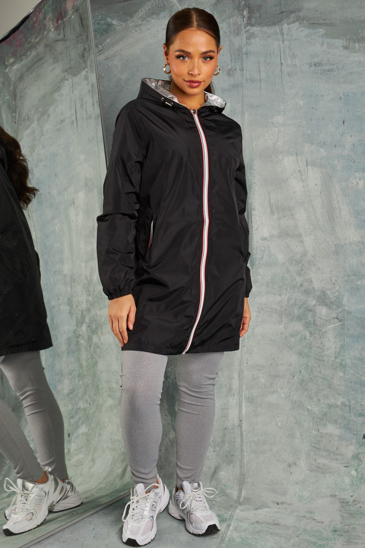 Veste imperméable mi-longue réversible noire ou gris métallisé