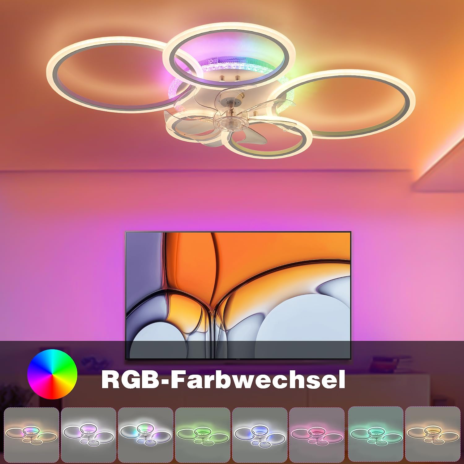 Deckenleuchte mit Ventilator, leise, weiß, Deckenventilator mit Beleuchtung, App und Fernbedienung, 72 W, 6270 lm, Dimmbar, RGB LED, für Wohn- Schlaf- und Esszimmer, 6-Gang, Timer