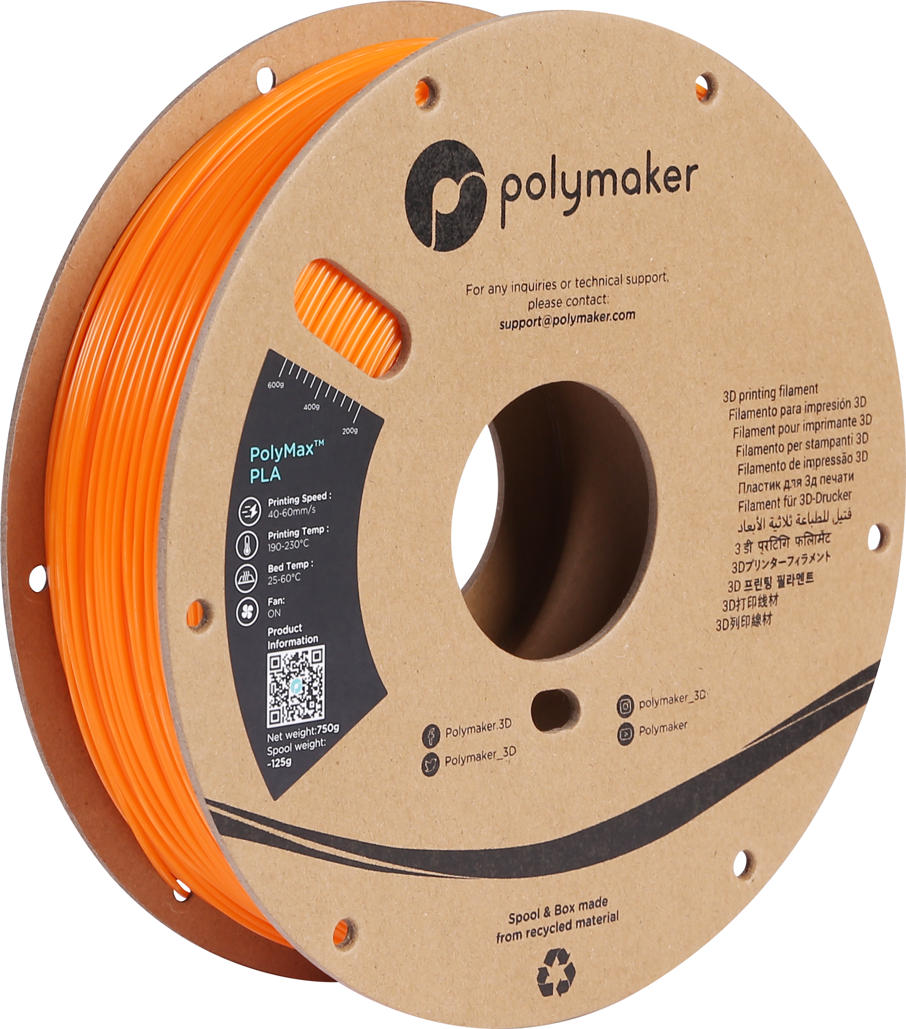 Polymaker  PolyMax PLA Orange, 1,75 mm (750 g)    Das orange Filament mit 9-fach höherer Belastbarkeit als herkömmliches PLA