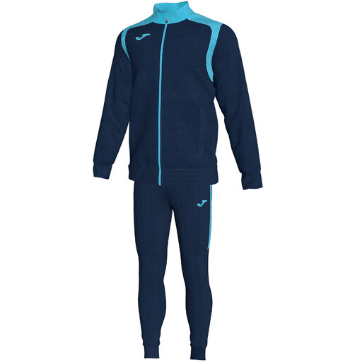 Conjunto de treino Joma Championship V nas cores azul marinho, turquesa e fluorescente.