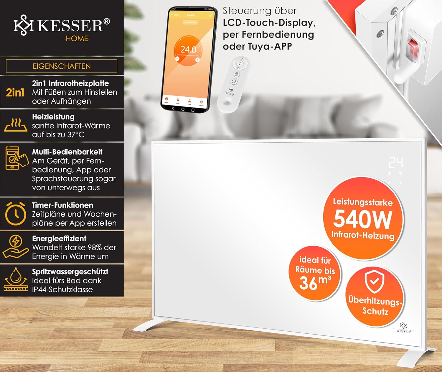 KESSER® Infrarotheizung Energiesparend Infrarot Standgerät & Wandmontage Elektroheizung 540W mit Fernbedienung Thermostat & App-Steuerung Elektrisch Heizpaneel Heizung Konvektor Standfüße