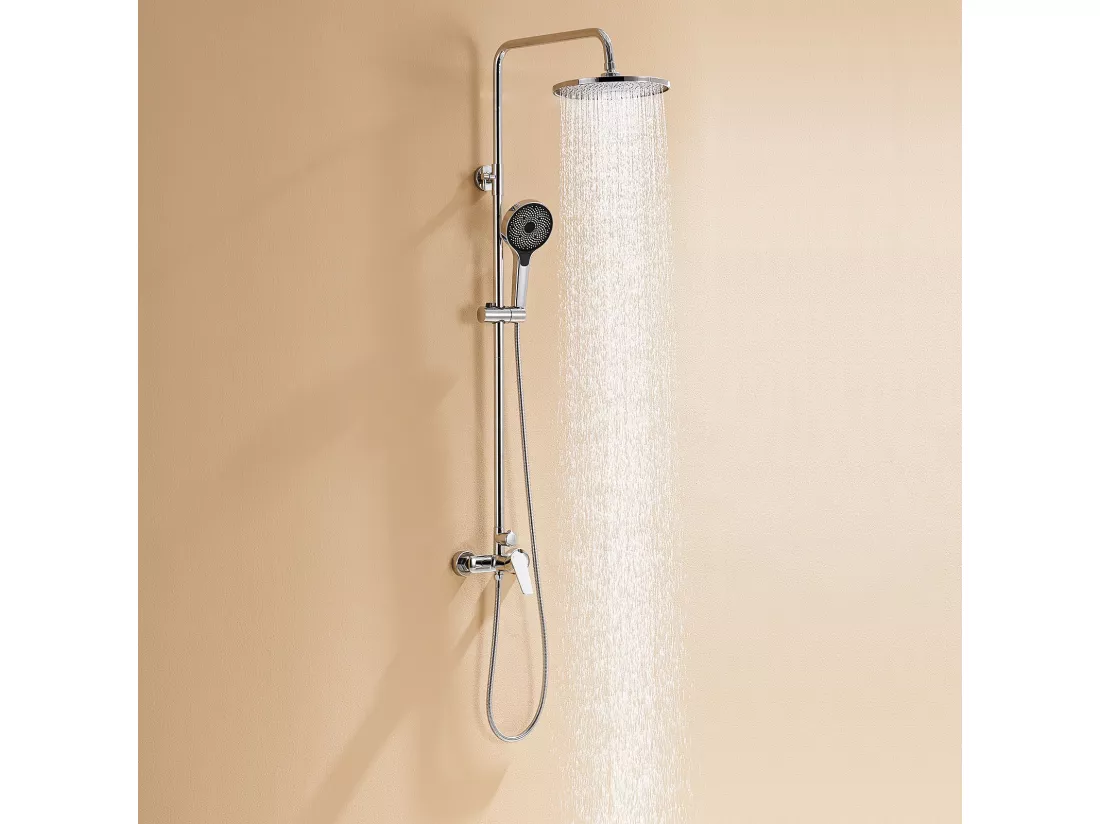 Colonne de Douche Mécanique Chromé,Ensemble de Douche Ronde, Tête Douche10 Pouces,Douchette avec 3 Jets D'eau,Hauteur Réglable103-139 cm Salle Bain