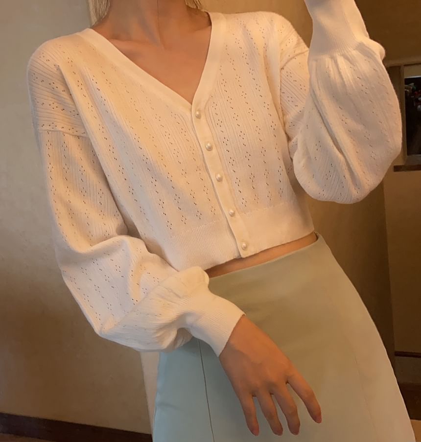 Glotto - V-hals effen pointelle gebreide cropped cardigan