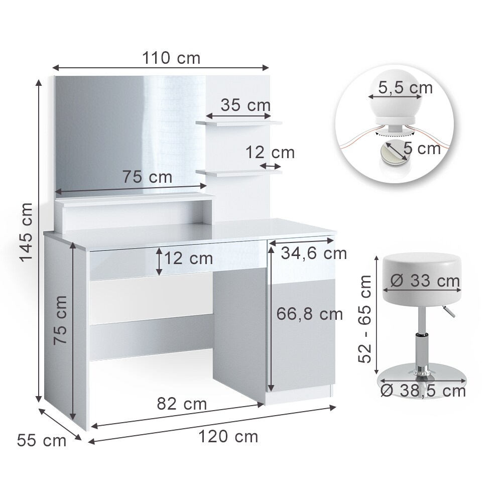 Vicco Schminktisch Frisiertisch Schminkkommode Elisa LED Beleuchtung & Hocker