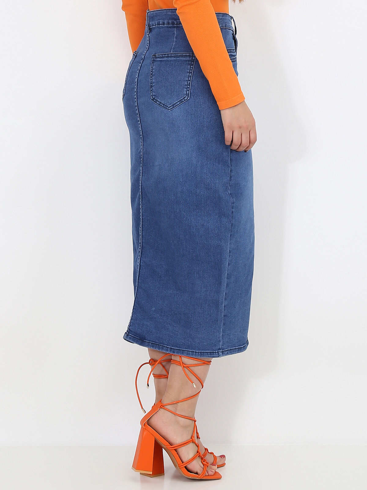 Jupe en jeans mi-longue à fente- Bleu
