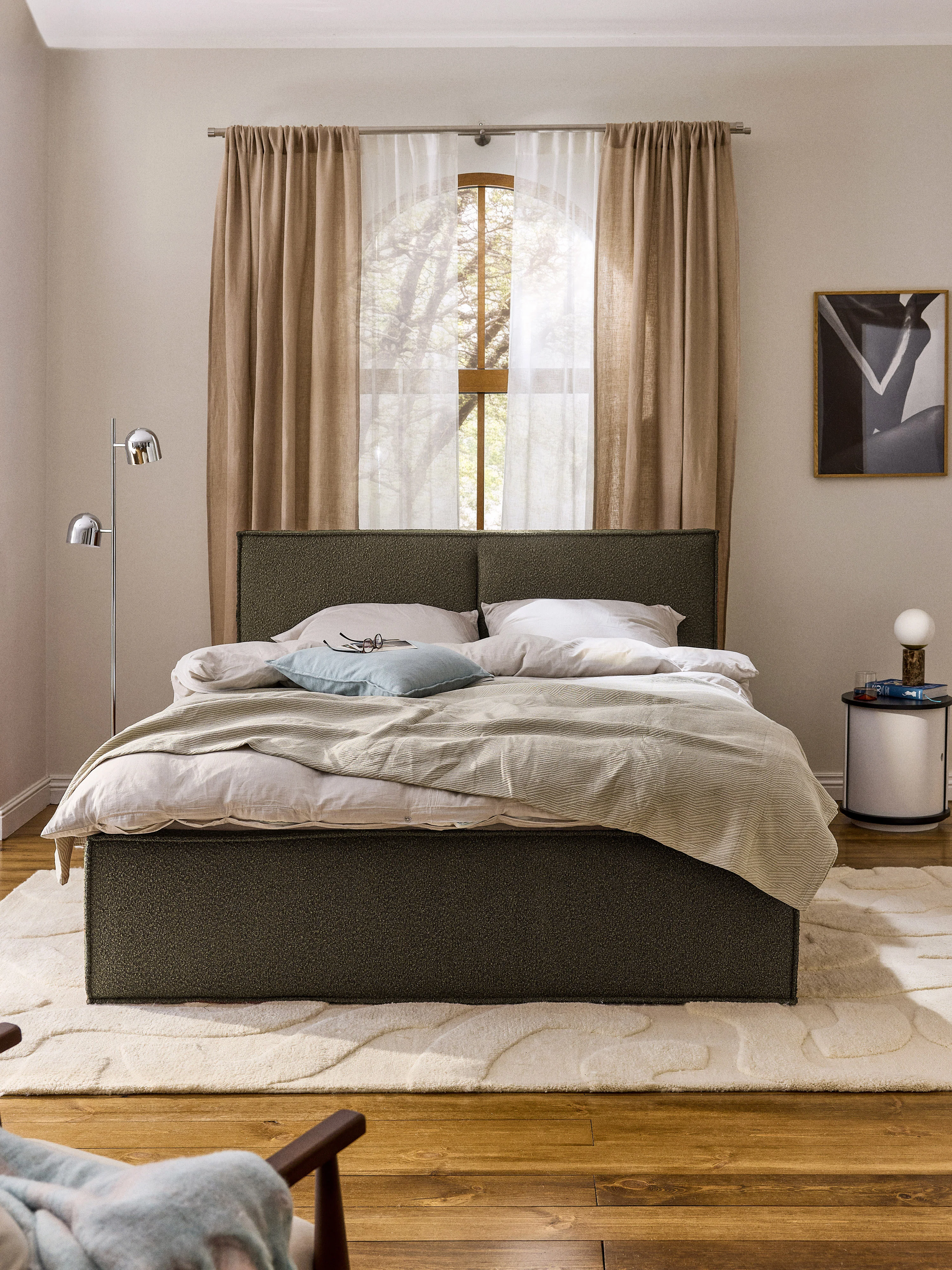 Bouclé gestoffeerd bed Dream met opbergruimte