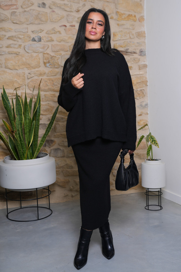 Ensemble 2 pièces pull + jupe noire texturée