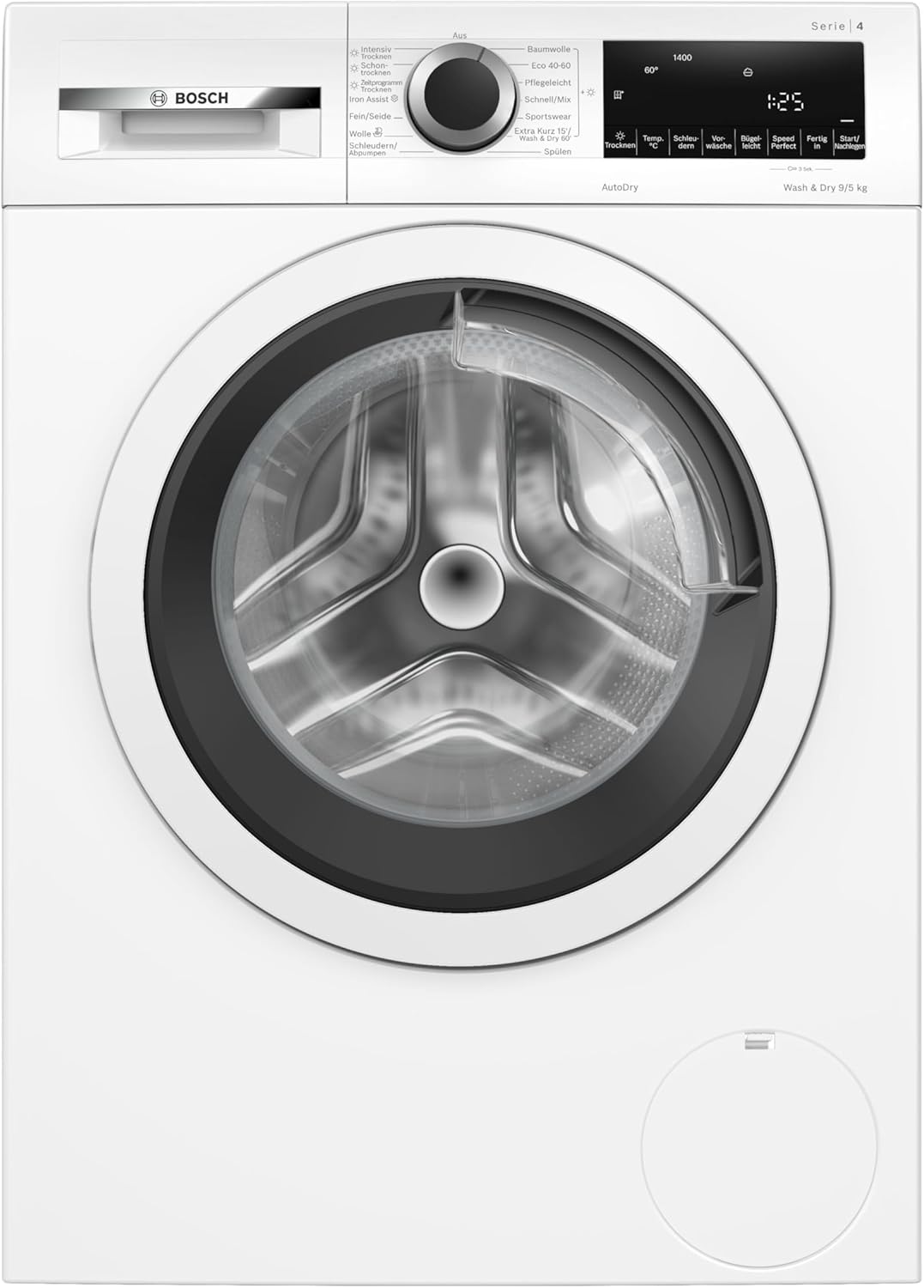 Bosch WNA13441 Serie 4 Waschtrockner, 9 kg Waschen & 5 kg Trocknen, 1400 UpM, optimale Trocknung, clevere Dampfbehandlung, leiser und effizienter Motor, Wäschepflege in 60 Minuten