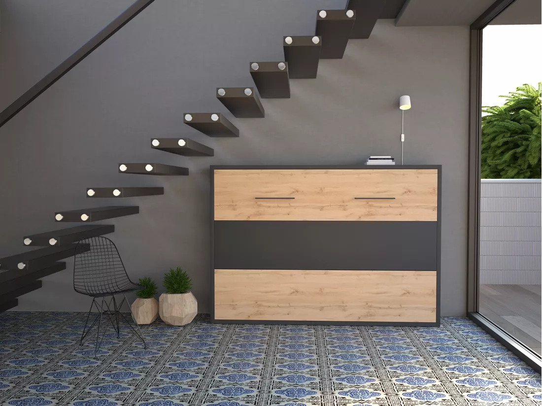 Lit escamotable 140 x 200 cm - Ouverture horizontale manuelle - Anthracite et naturel - MALINA II