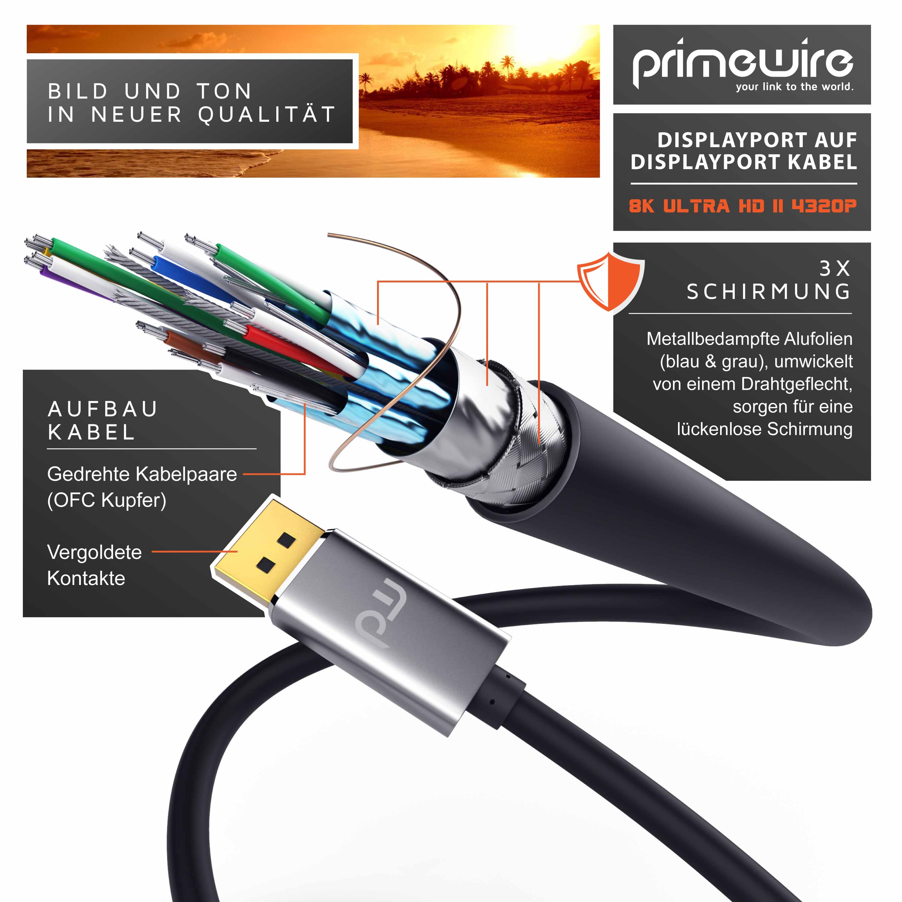 Primewire Premium DisplayPort auf DisplayPort Kabel 8K 7680 x 4320 @ 60 Hz mit DSC - 2m