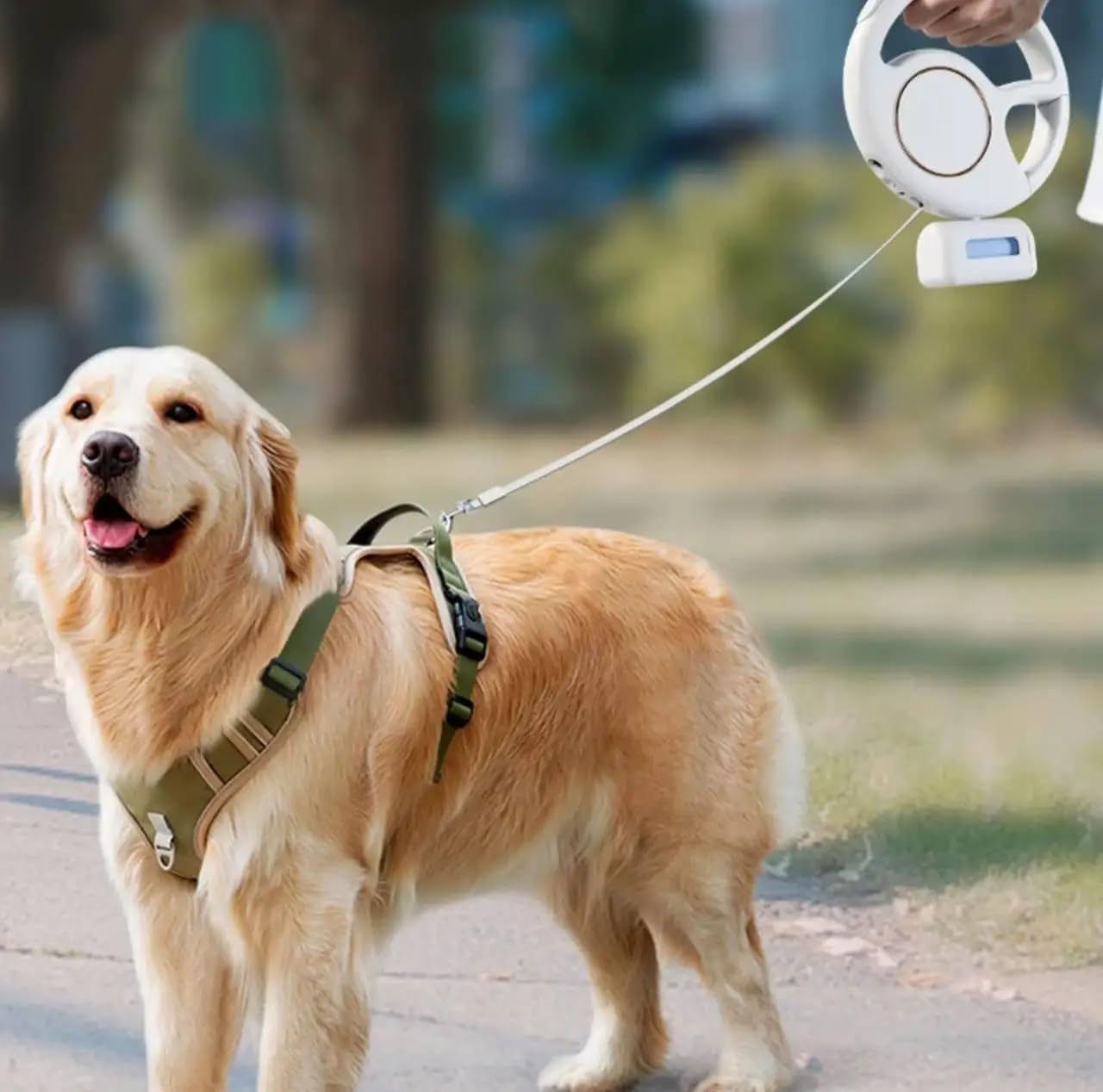 (3m) Einziehbare Hunde Leine mit Taschenlampe USB Rollleine inkl. LED Beleuchtung / Kotbeutel Spender / Karabiner Griff - Weiss