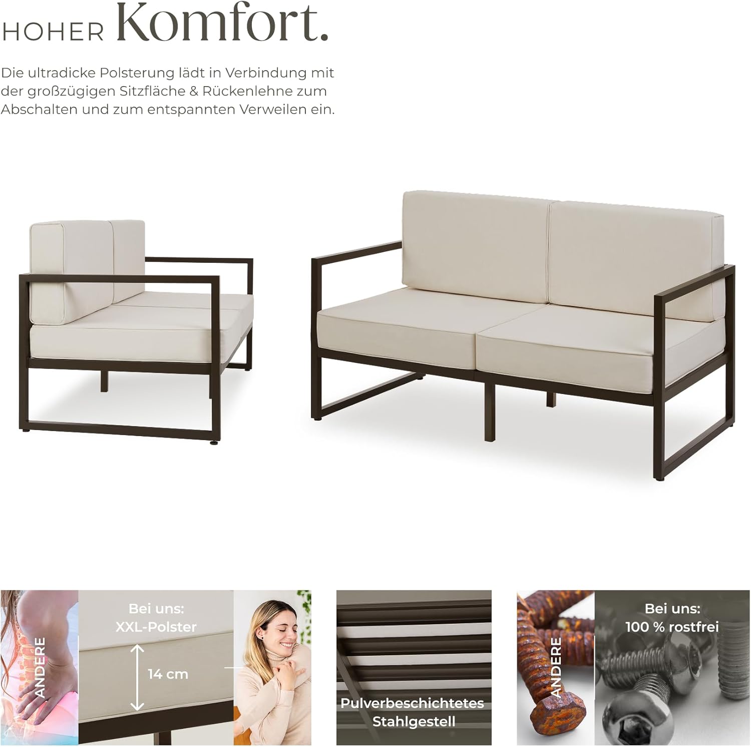 tectake® Garten Lounge Sofa 2 Sitzer, Couch, Gartenmöbel, Balkonmöbel, Terrassenmöbel, Wintergarten Lounge Möbel Outdoor, Gartenbank wetterfest, Sitzbank mit Lehne, Gartenlounge - 2 Sitzplätze