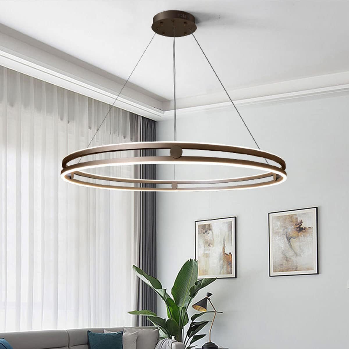 LED Pendelleuchte Esszimmer Metall ring Kronleuchter Höhenverstellbar Wohnzimmerlamp Dimmbar mit Fernbedienung Hängeleuchte Esstisch Pendellampe Acryl Hängelampe Küchen (Kaffee, L60cm/72W)