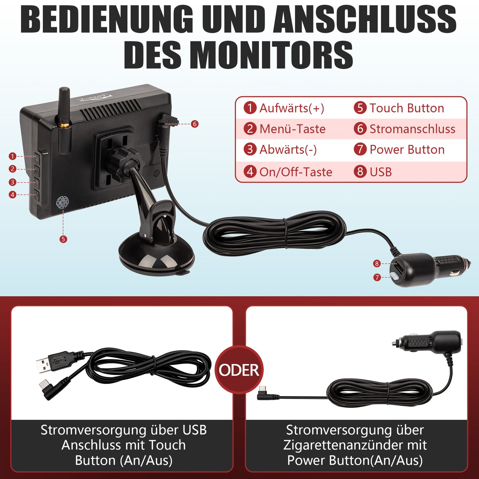 CARMATRIX Solar Funk Rückfahrsystem HD Rückfahrkamera im Nummernschild mit 2 PDC Sensoren Solarpanel