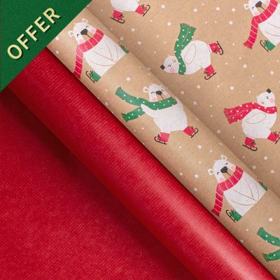 Polar Bears On Kraft Rollwrap Pack X2 3M Rollwraps & 6 Gift Tags