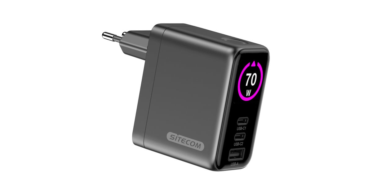 Sitecom70W GaN Power Delivery Wall Charger with full color LED display oplader  (Zwart)