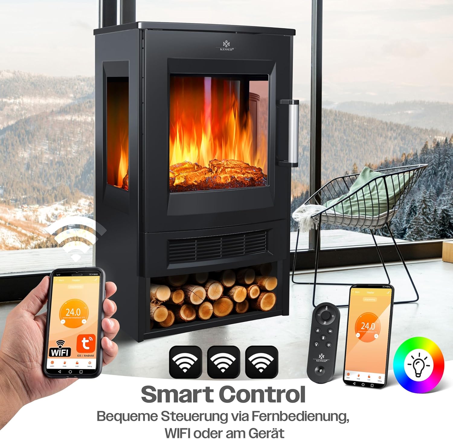 KESSER® Elektrokamin mit Heizung Panorama-Sichtfenster Heizlüfter 9 LED-Flammeneffekt Farbmodi Fernbedienung WiFi App 900/1800W Kaminfeuer elektrisch mit Thermostat Heizfunktion Timer