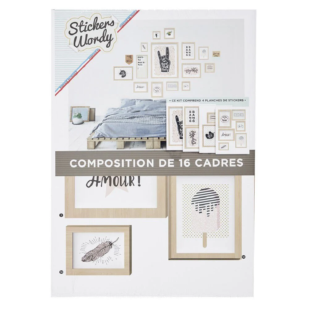 Kit 17 stickers déco effet cadre imitation bois