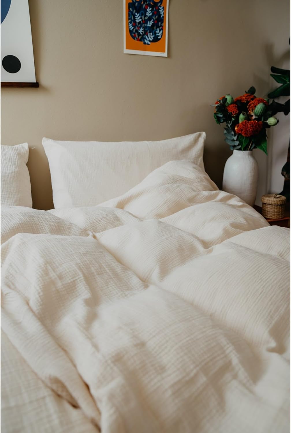 hutch&putch Premium Musselin-Bettwäsche - Bettwäsche Set - 100% Bio Baumwolle ​​- Deckenbezug & Kissenbezug - atmungsaktiv - 4 Jahreszeiten (Beige, 135x200 cm mit Kissenbezug 80x80 cm)
