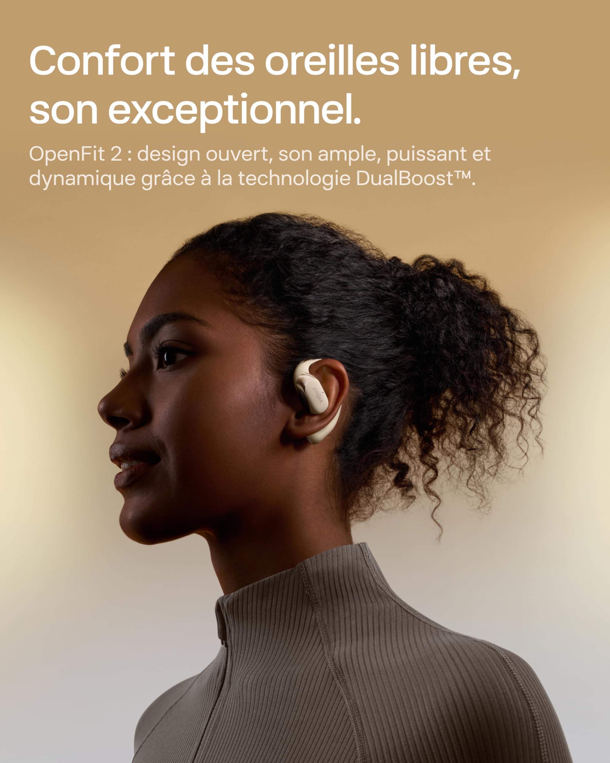 SHOKZ OpenFit 2 Casque à Oreilles Libres, écouteurs Bluetooth sans Fil avec Micro, écouteurs avec Crochet d’oreille et 48 Heures de Lecture, Charge Rapide, résistance IP55, Sac de Transport, Beige