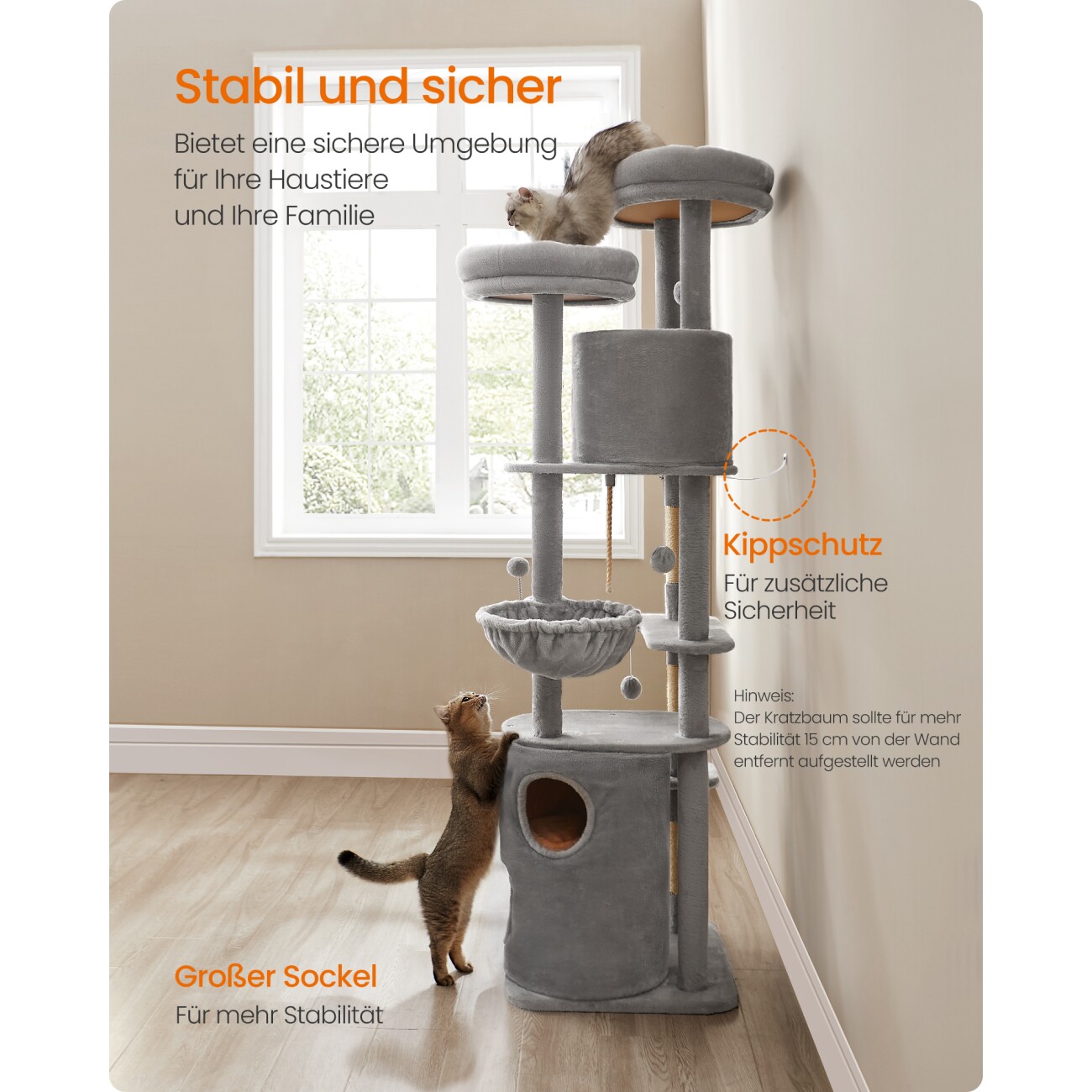 FEANDREA Kratzbaum 196cm mit Katzenturm warme Kissen