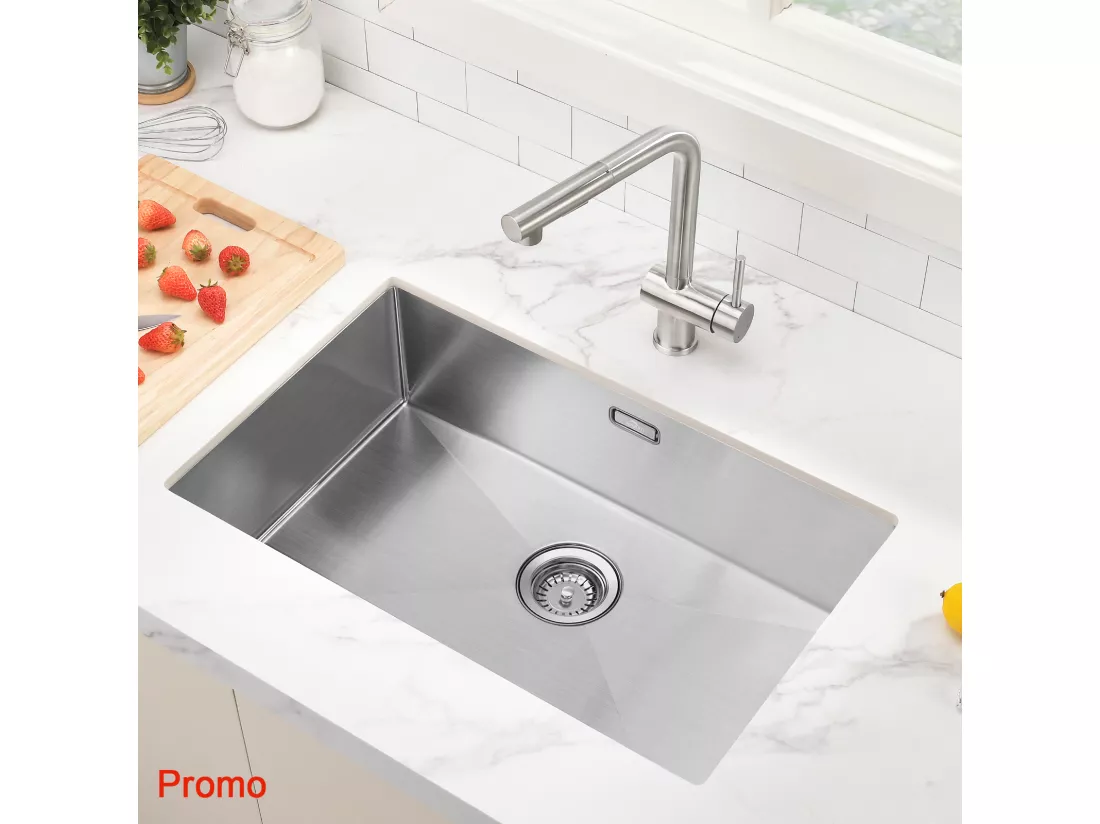 AuraLum Max Évier Cuisine 1 Bac 70*44*19CM Évier Montage à Encastrer,à Fleur/Sous-Plan Acier Inox 304 Évier Brossé avec Siphon/Trop-Plein,EU Modèle