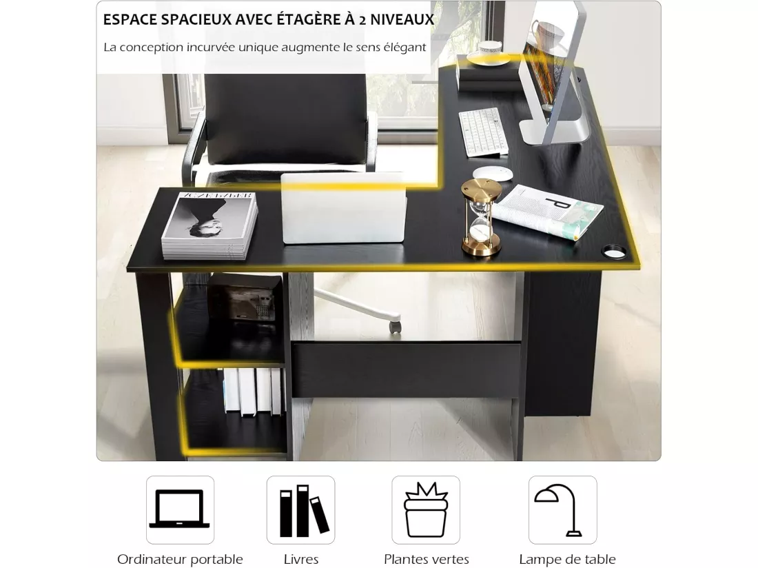 Bureau en Forme de L, Bureau d'angle avec Étagères de Rangement à 2 Niveaux, 2 Passe-câbles et Coussinets Antidérapants, 130 x 130 x 72,5 cm