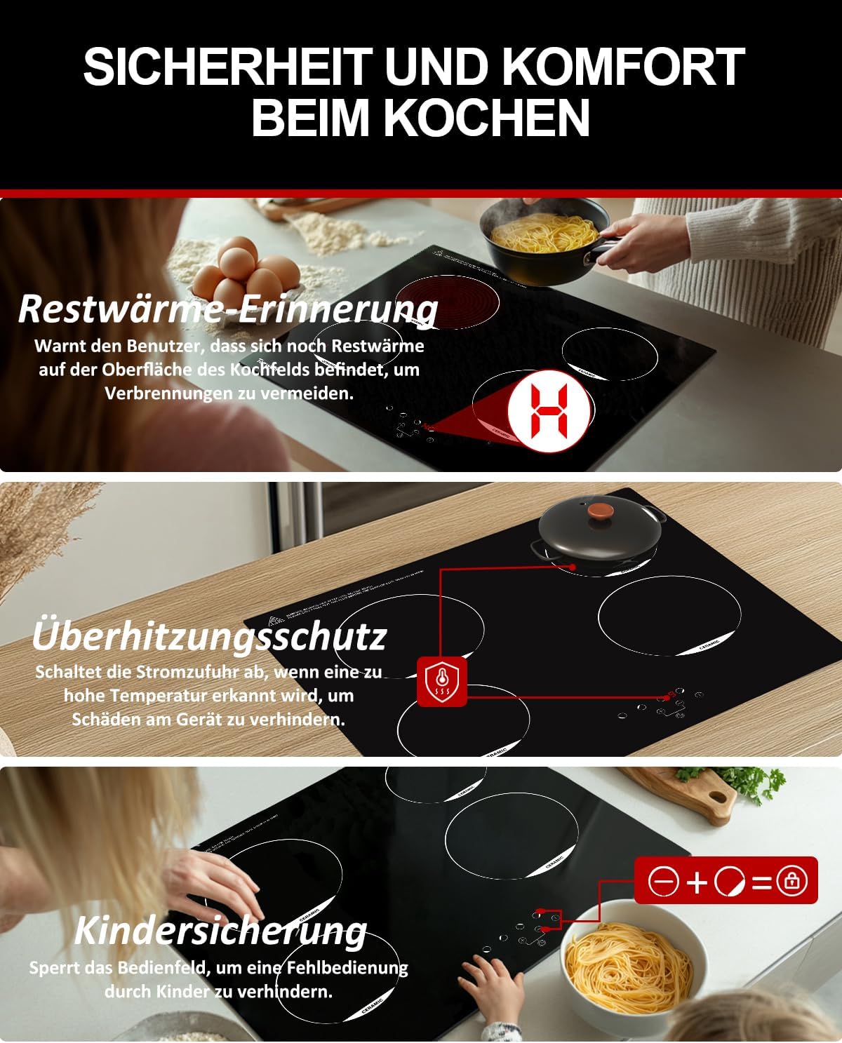 Glaskeramikkochfeld 60cm, Cerankochfeld, Glaskeramik Herdplatten mit 4 Kochzonen, Kochplatten, Kochfeld mit Glaskeramik, Restwärmeanzeige & Überhitzungsschutz